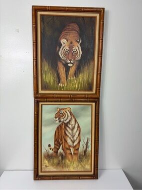 Vintage Bengal Tiger Oil Painting In faux bamboo frame set of 2